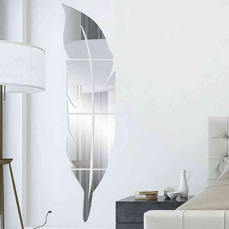 DIY Plume Plume 3d Miroir Autocollant Mural Pour Salon, Art Décor À La Maison, Décalque De Vinyle Acrylique Autocollant Décoration Murale - Argent 15.3x72cm