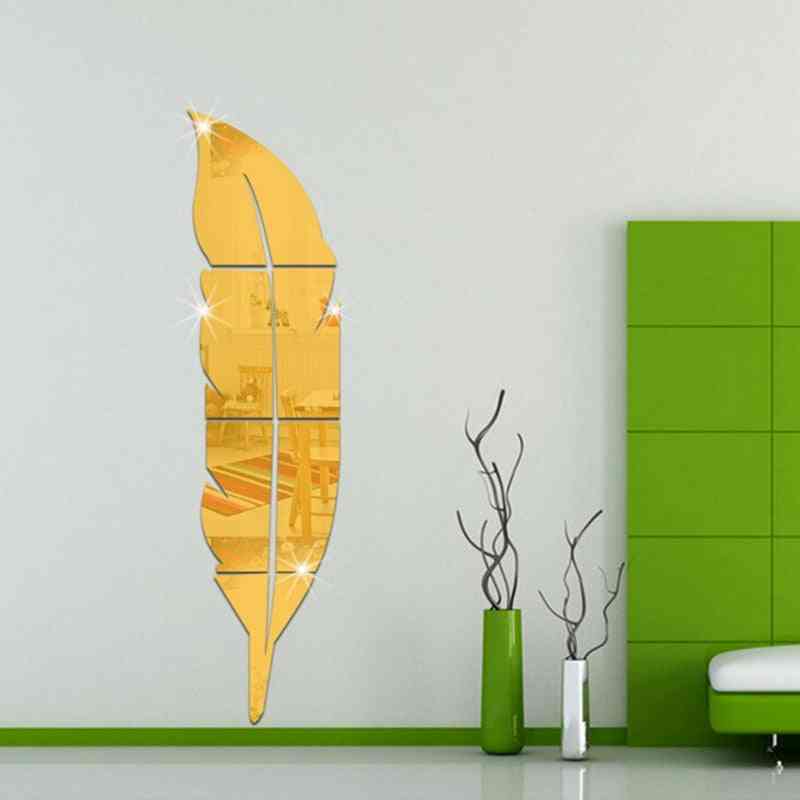 Diy pluma pluma 3d espejo etiqueta de la pared para sala de estar, arte decoración del hogar, calcomanía de vinilo adhesivo acrílico decoración mural - plata 15.3x72cm
