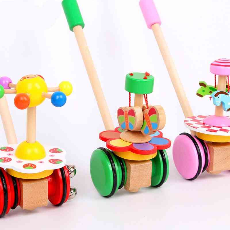 Jouets en bois pour enfants, voiture de premiers pas de marcheur de bébé, poussette à tige unique de chariot pour tout-petit, animaux de dessin animé poussant - rouge