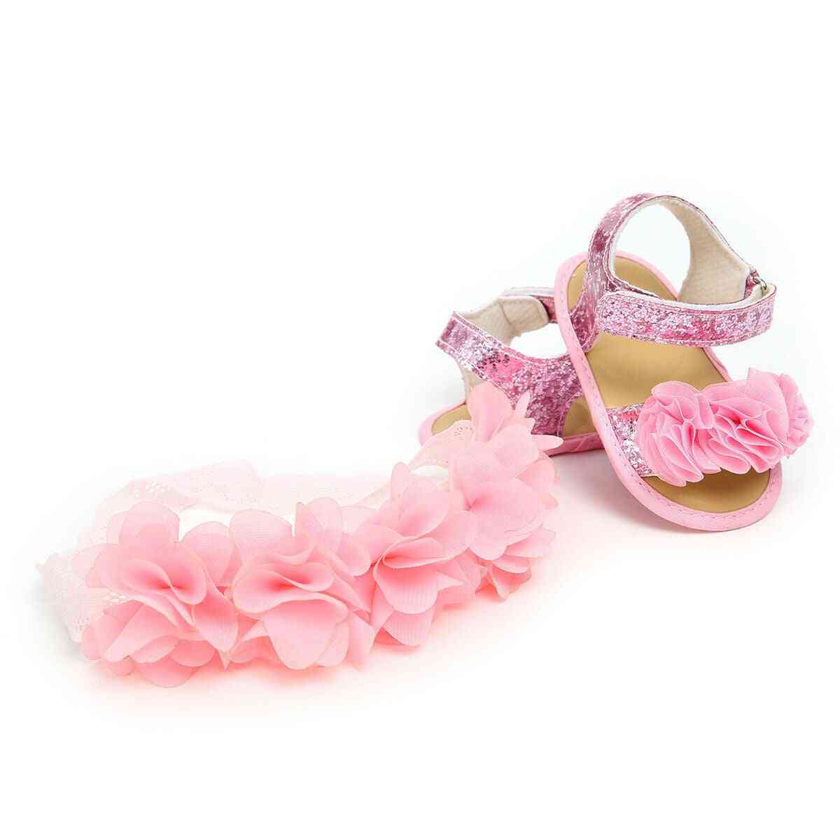 Baby Summer Clothing Newborn Kid, Girl Flower Sandals Shoes, Soft Sole, Hook Casual +headband Solid Set