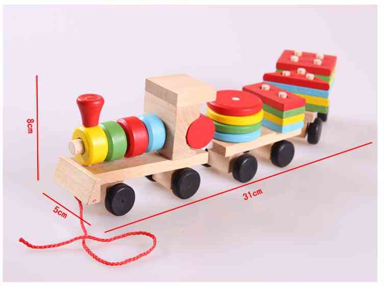 Petit train en bois et traînant trois formes géométriques de chariot correspondant, jouets éducatifs pour la petite enfance