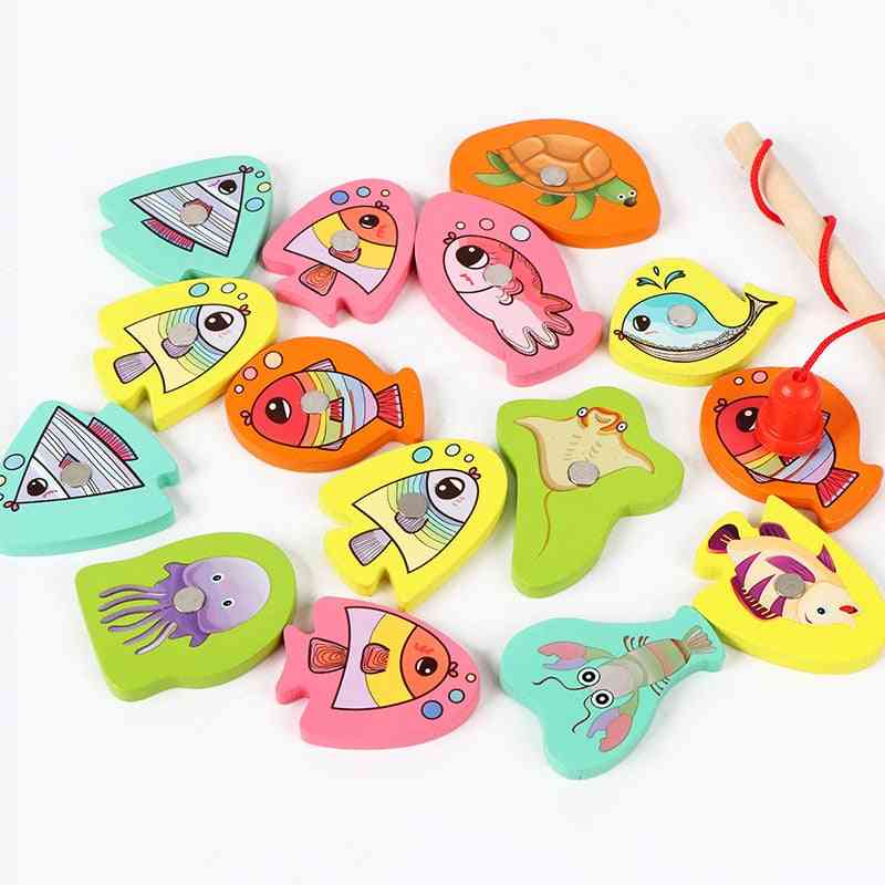 Set de jucării de pescuit din lemn, magnetice de pescuit - jucării de pește în aer liber pentru copii (15buc)