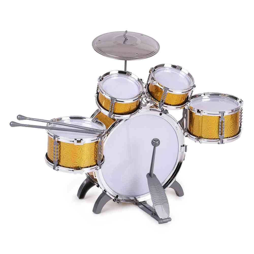 Dětská bicí souprava, jazzový hudební nástroj, 5 bubnů a 1 malá činelová stolička, palička na bicí