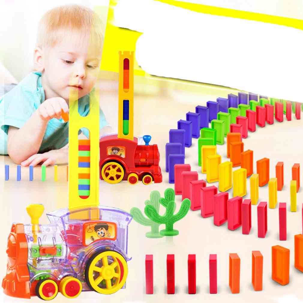 Kinder-Domino-Waggon-Kit mit Sound-Licht - automatische Abgasblöcke, Aufzugs-Sprungbrett-Brücken-Set für Kinderspielzeug -