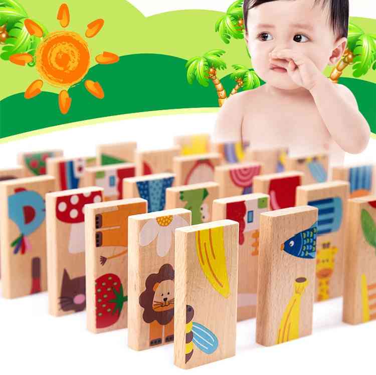Giocattoli per bambini domino legno di faggio cartone animale solitario domino- 28 pezzi blocchi da costruzione, giocattoli educativi classici, regalo di compleanno per bambini (multicolore) -
