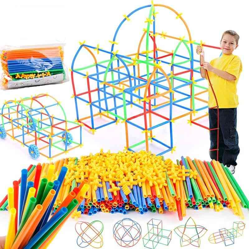 4d Diy Straw Blocks, Plastic Stitching Inserted Construction Assembled Toy