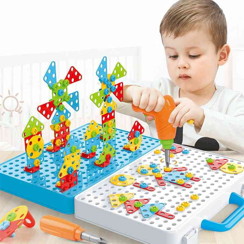 Taladro eléctrico juego de herramientas de montaje de bloques de atornillado diy rompecabezas 3d juguetes para niños juguetes educativos regalo