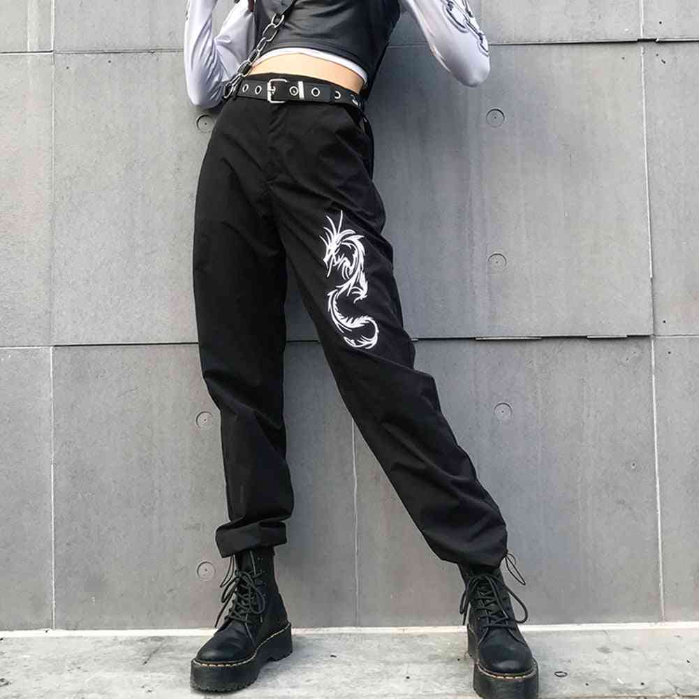 Dragon Embroidery Skateboard Pants, High Waist Loose Pencil Pant, Fashion Full Length Trousers Women