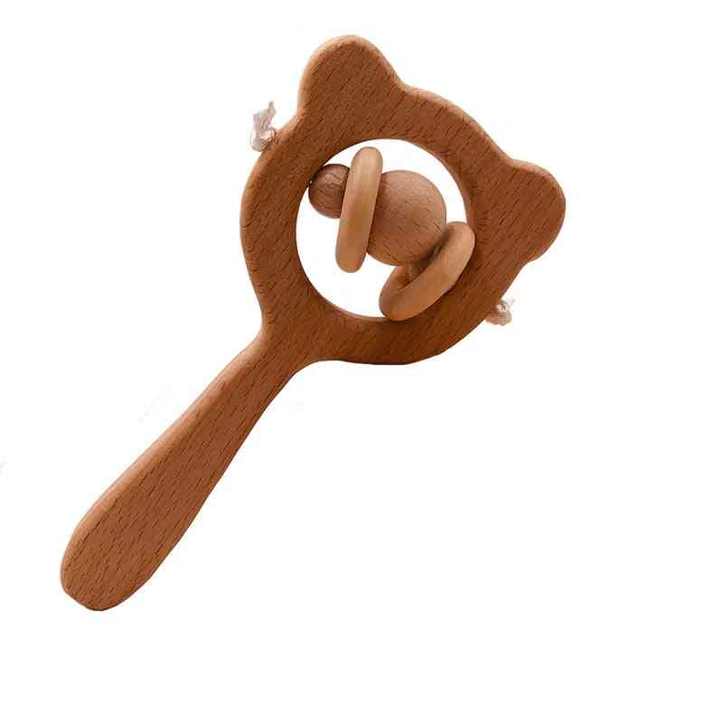 Wooden Rattle- Beech Animal Shape Hand Teething Wooden Ring, Baby Rattles Chew Toy Educational Teether