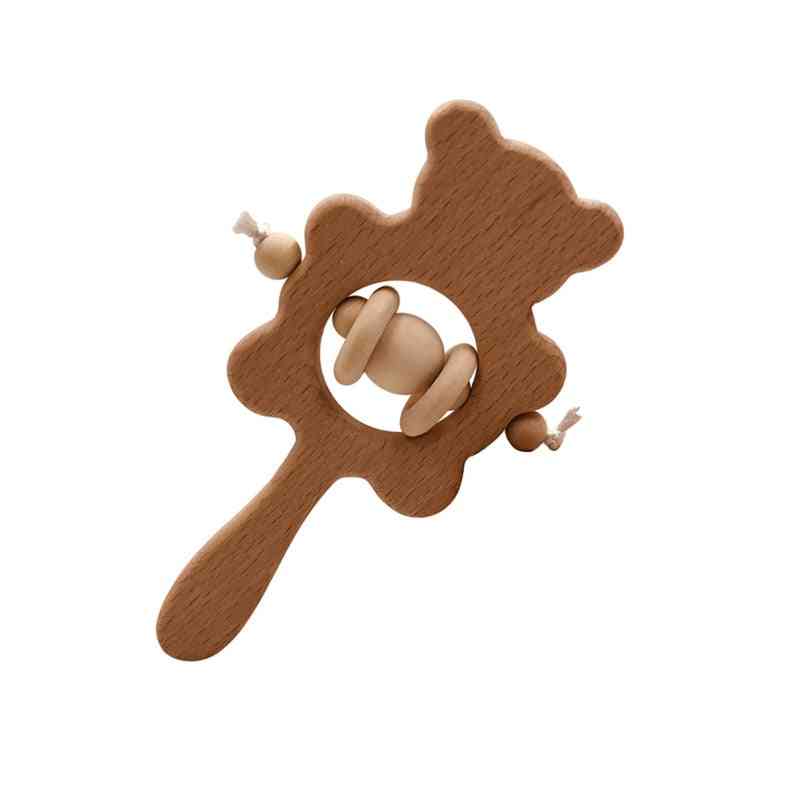Wooden Rattle- Beech Animal Shape Hand Teething Wooden Ring, Baby Rattles Chew Toy Educational Teether