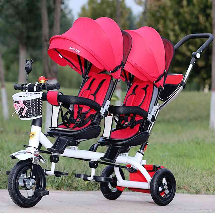 Anti Uv Sunshade Twins Baby Stroller, Double Tricycle Trolley, Rotating Swivel Prams