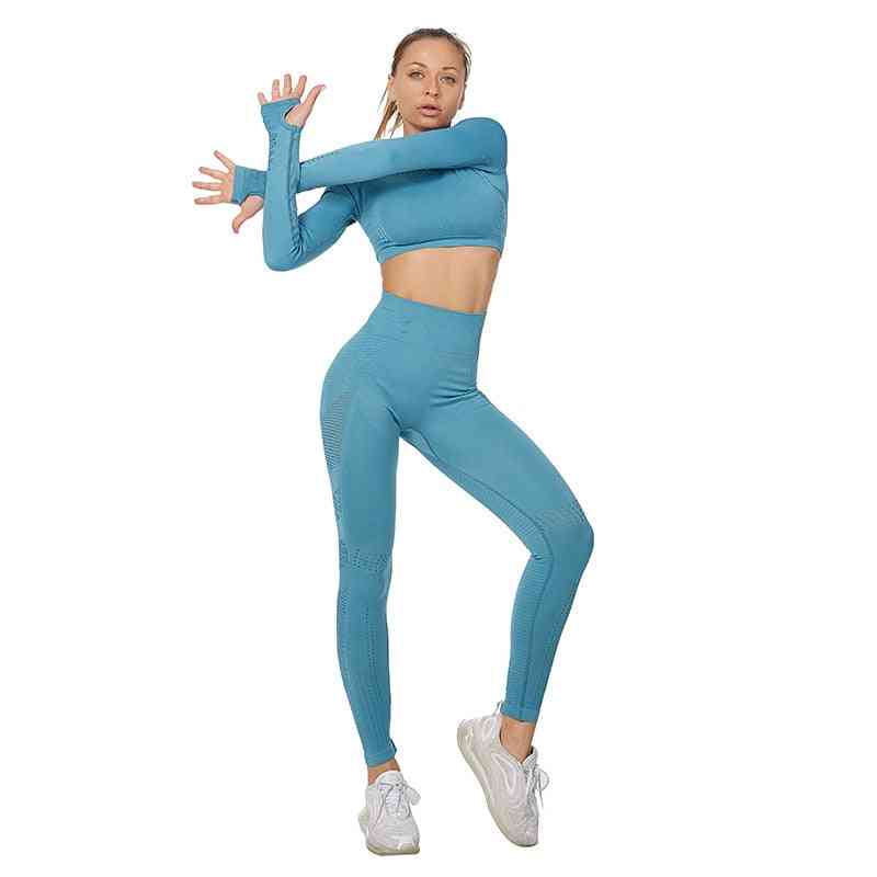 Women Sport Suit Set- Long Sleeve Crop Top And Leggings