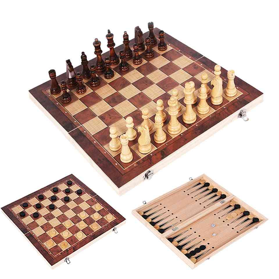 Chess Set Wooden Game, Backgammon Checkers Indoor Travel, Folding Chessboard Pieces Chessman