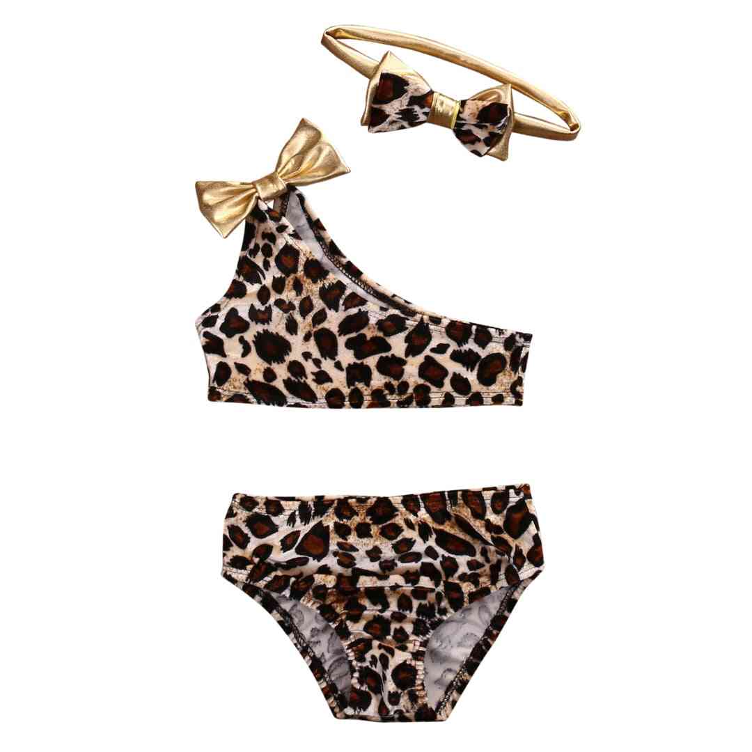 Girls Leopard Off-shoulder Bow Bikini Set, Swimwear Swimsuit Clothing