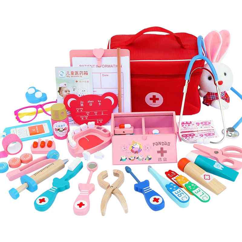 Barn flicka pojke låtsas spela trä läkare leksaker, röda medicinska kit tandläkare medicin box set tygpåse