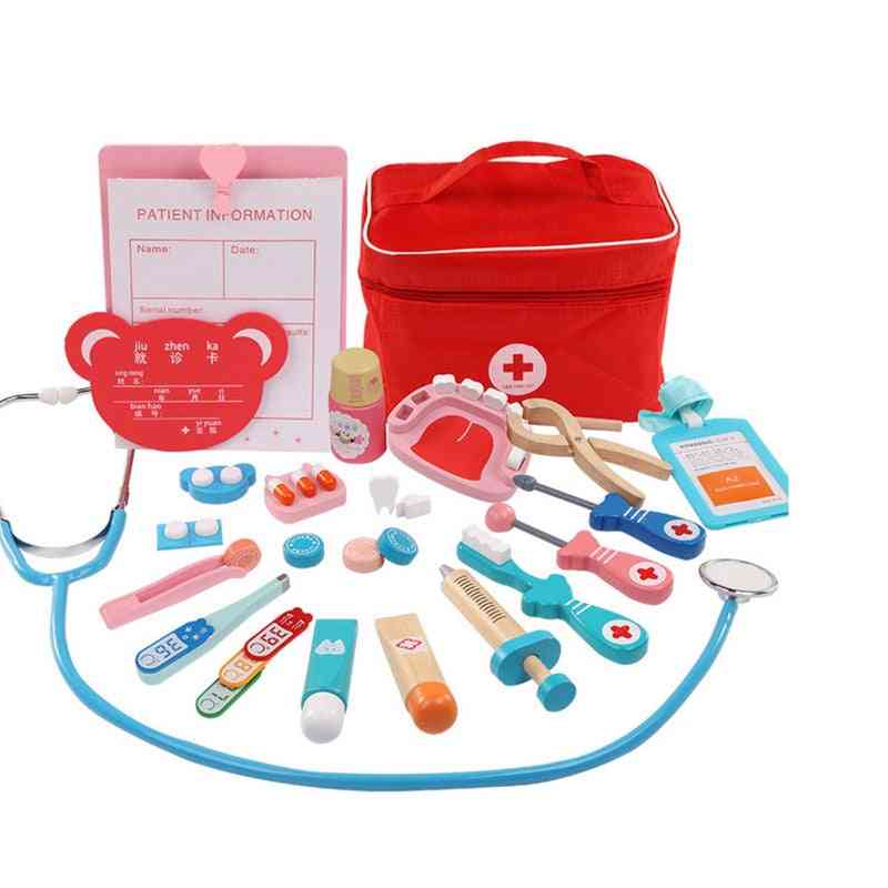 Barn flicka pojke låtsas spela trä läkare leksaker, röda medicinska kit tandläkare medicin box set tygpåse