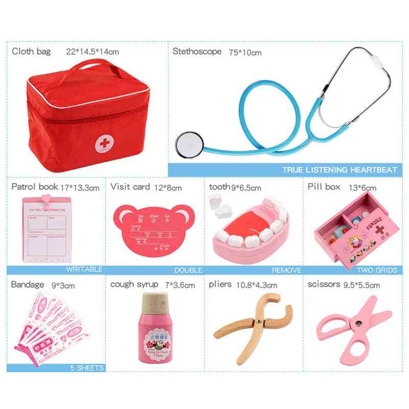 Children Girl Boy Pretend Play Wood Doctor, Red Medical Kit Dentist Medicine Box Sets Cloth Bag