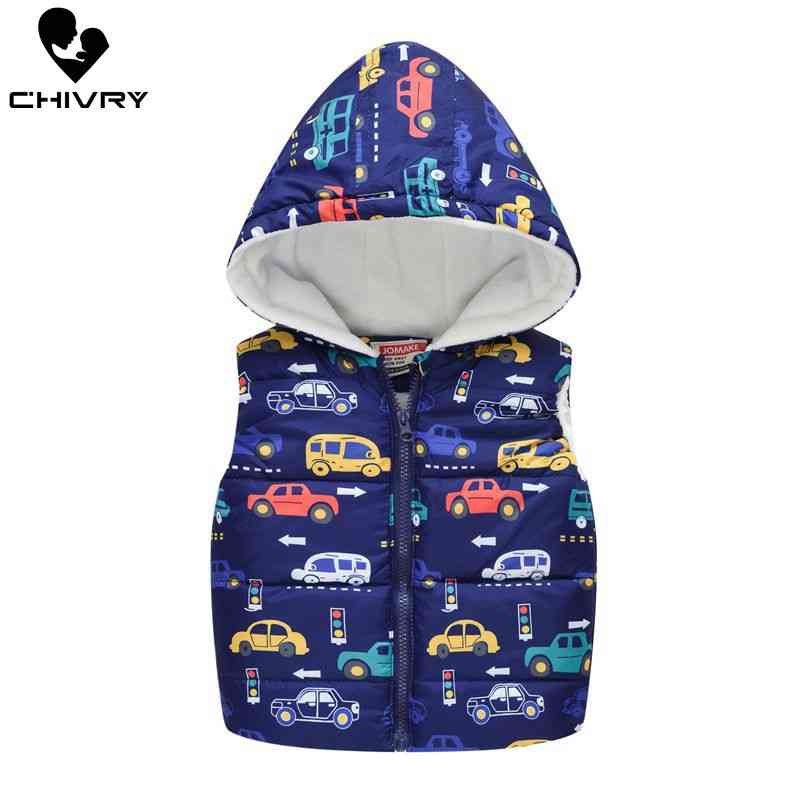 Sleeveless Hooded Wool Vest Jacket With Cartoon Print Coat For Kids, Warm Outwear Clothes