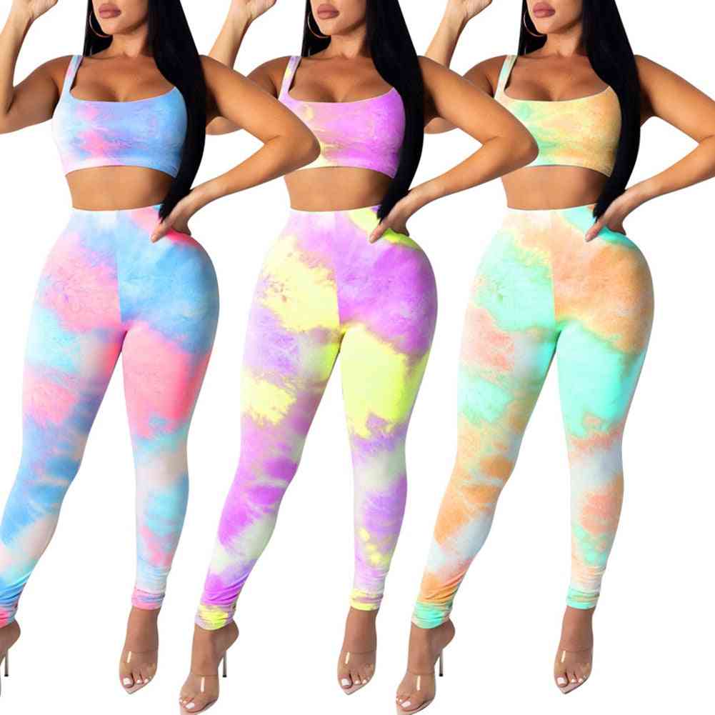 Women Sports Outfits Fashion Tie-dye Printed Crop Top And Pants Suit