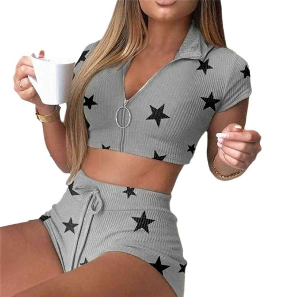 Knitted Women Short Sleeve Zip Star Crop Tops, High Waist Skinny Outfit Tracksuit