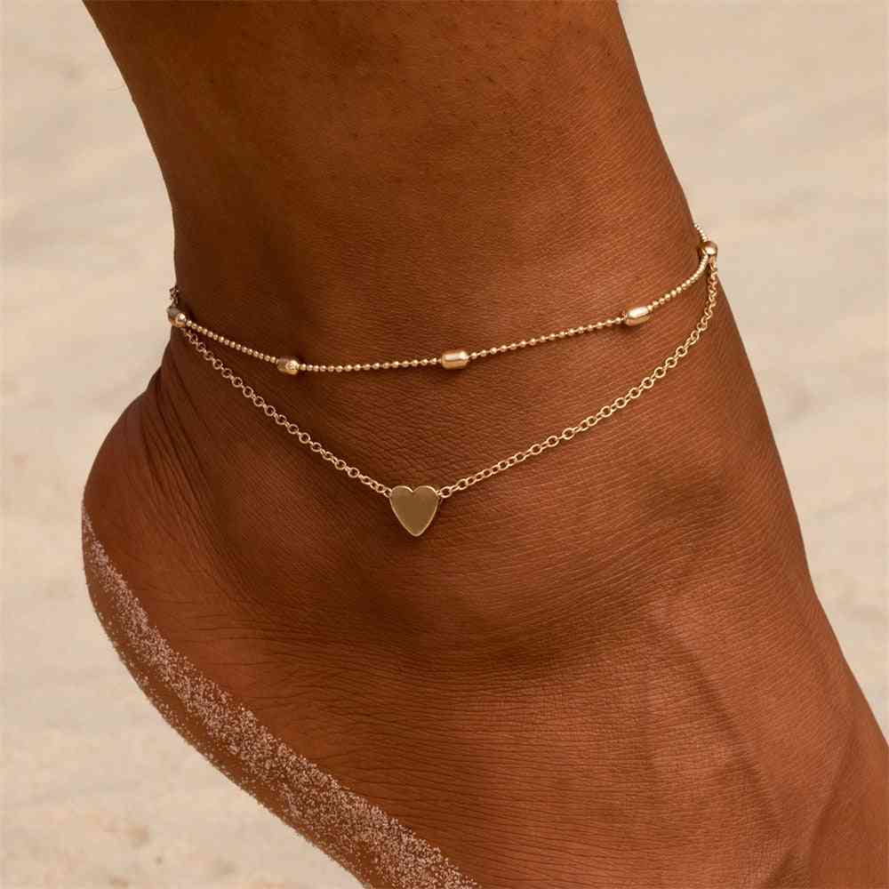 Bracelets de cheville superposés femme coeur or, bracelet breloque perlé bijoux de pied délicat