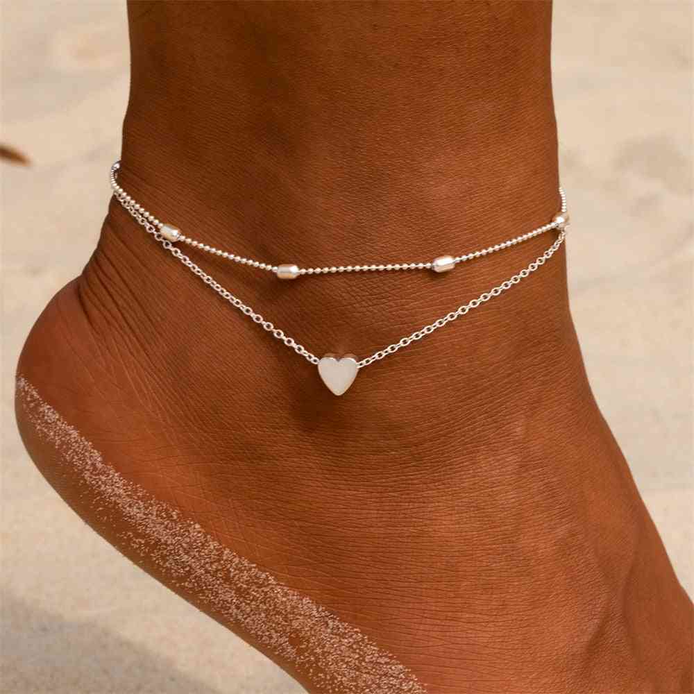 Layered Anklets Women Heart Gold, Bracelet Charm Beaded Dainty Foot Jewelry