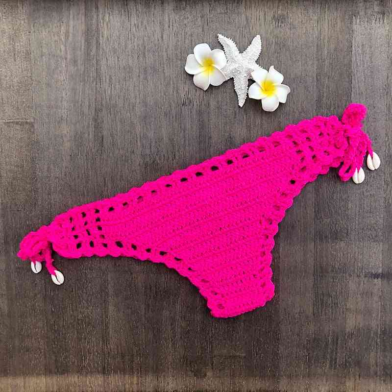 Women Sport Bikini Thong Handmade Crochet Swimwear Bottom Hollow-out Low Waist Bathing Suit