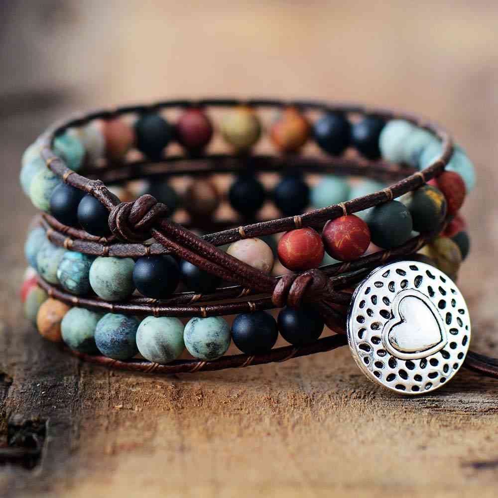 Vintage Leather Bracelets, Matte Stone Wrap, Woven Multilayer Boho Bracelet, Handmade Jewelry