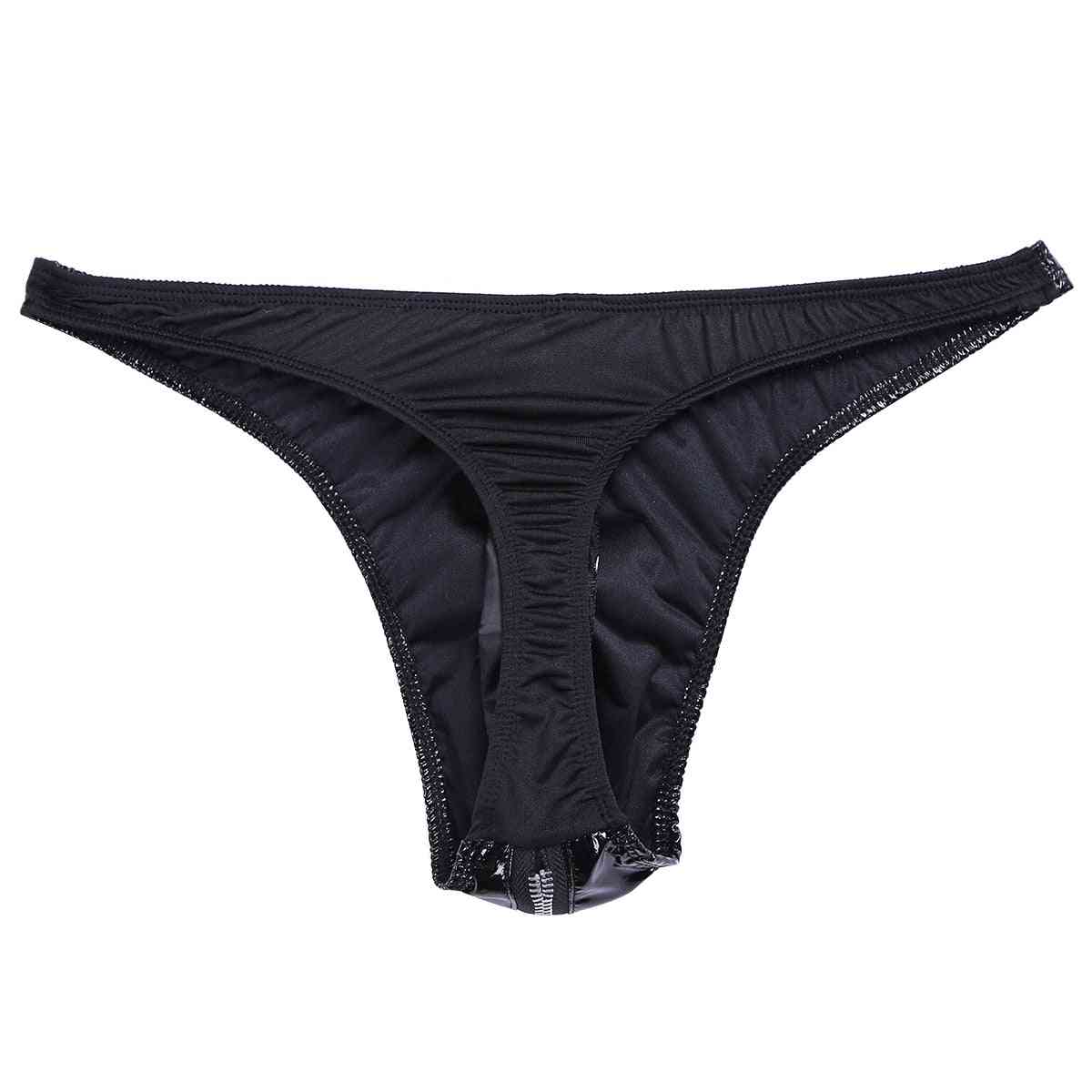 Men Latex Zipper Underpants Leather Bikini Briefs Underwear