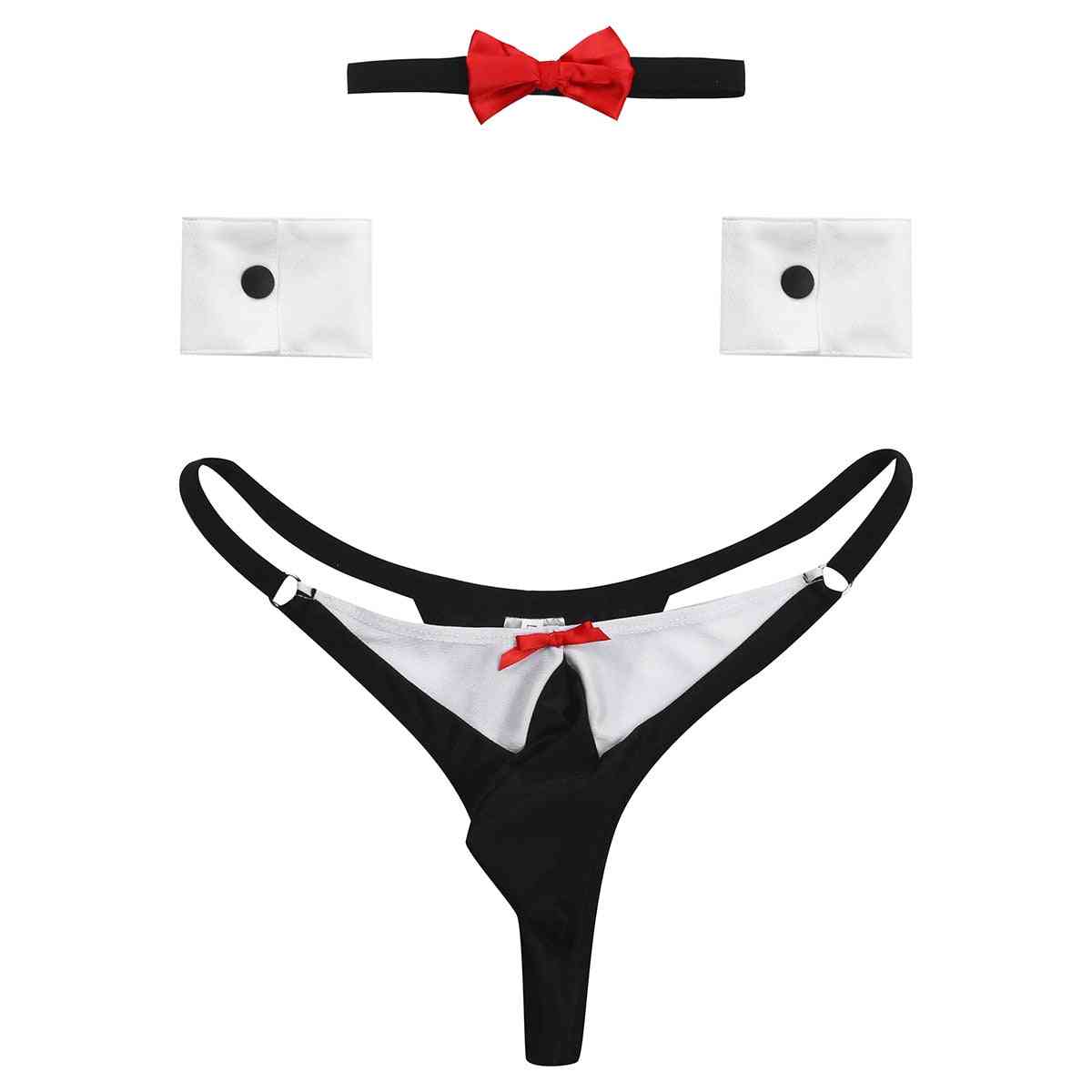 Lingerie Set Bow Tie Tuxedo Thong Panties, Collar & Bracelets