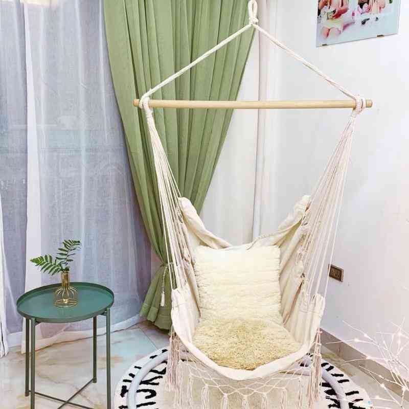 Fotel hamakowy beżowy lina bawełniana netto lina huśtawka balkon wewnętrzny wiszący fotel ogrodowy