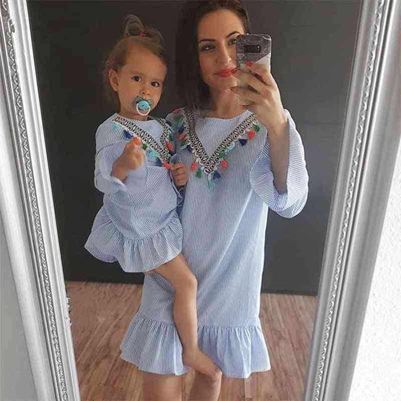 Baby Girl Family Matching Clothes, Mom And Daughter Dress Nine Quarter Stripe Tassel