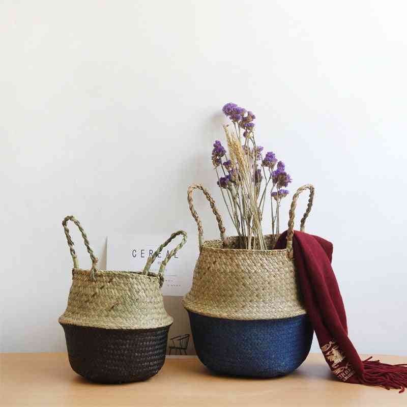 Almacenamiento de cestas de lavandería, organizador de paja hecho a mano, maceta, jardinera de flores