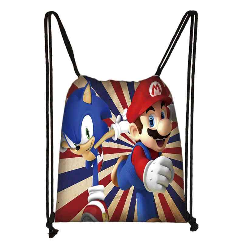 Sonic Cartoon Backpack, Cartoon Mario / Sonic Print Drawstring Bag