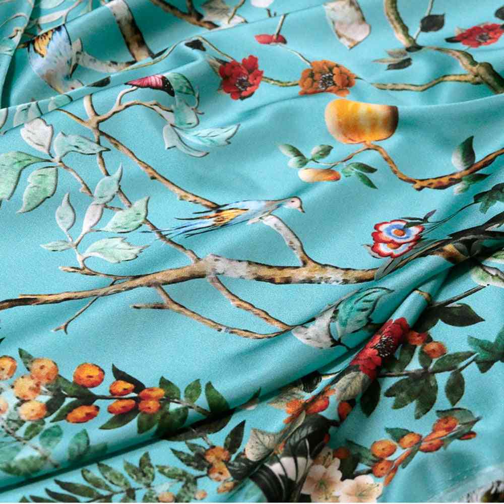 Birds And Flowers Design Stretch Satin Silk  Fabric Dress