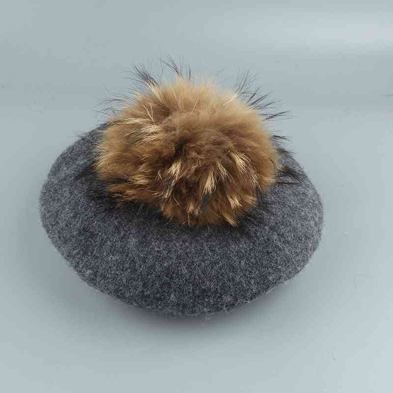 New Big Real Fur Pompom Beret Women Vintage Artist Beret Hat