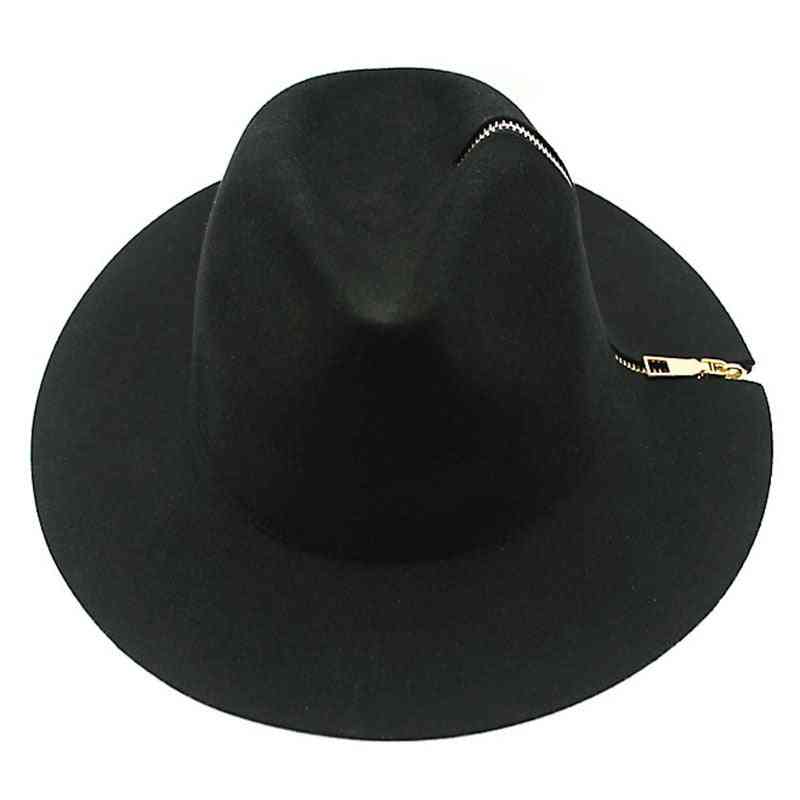 Cool černý zip fedora vintage dámské dámy floppy široký okraj vlněný klobouk fedora cloche