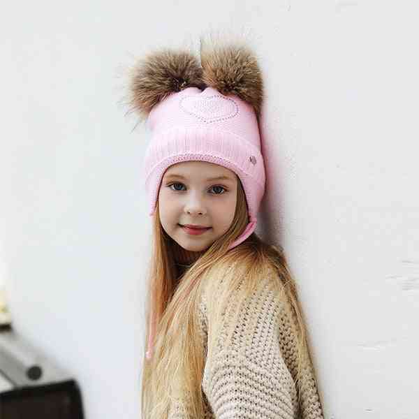 Heart-shaped Rhinestones Winter Hats For, Thick Cotton Knitted Ears Girl Pompom Caps