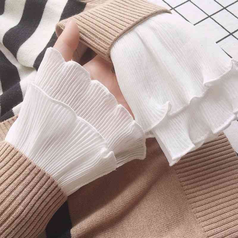 Layered Ribbed Striped Horn Cuffs - Detachable Fake Sleeve Wrist Warmer