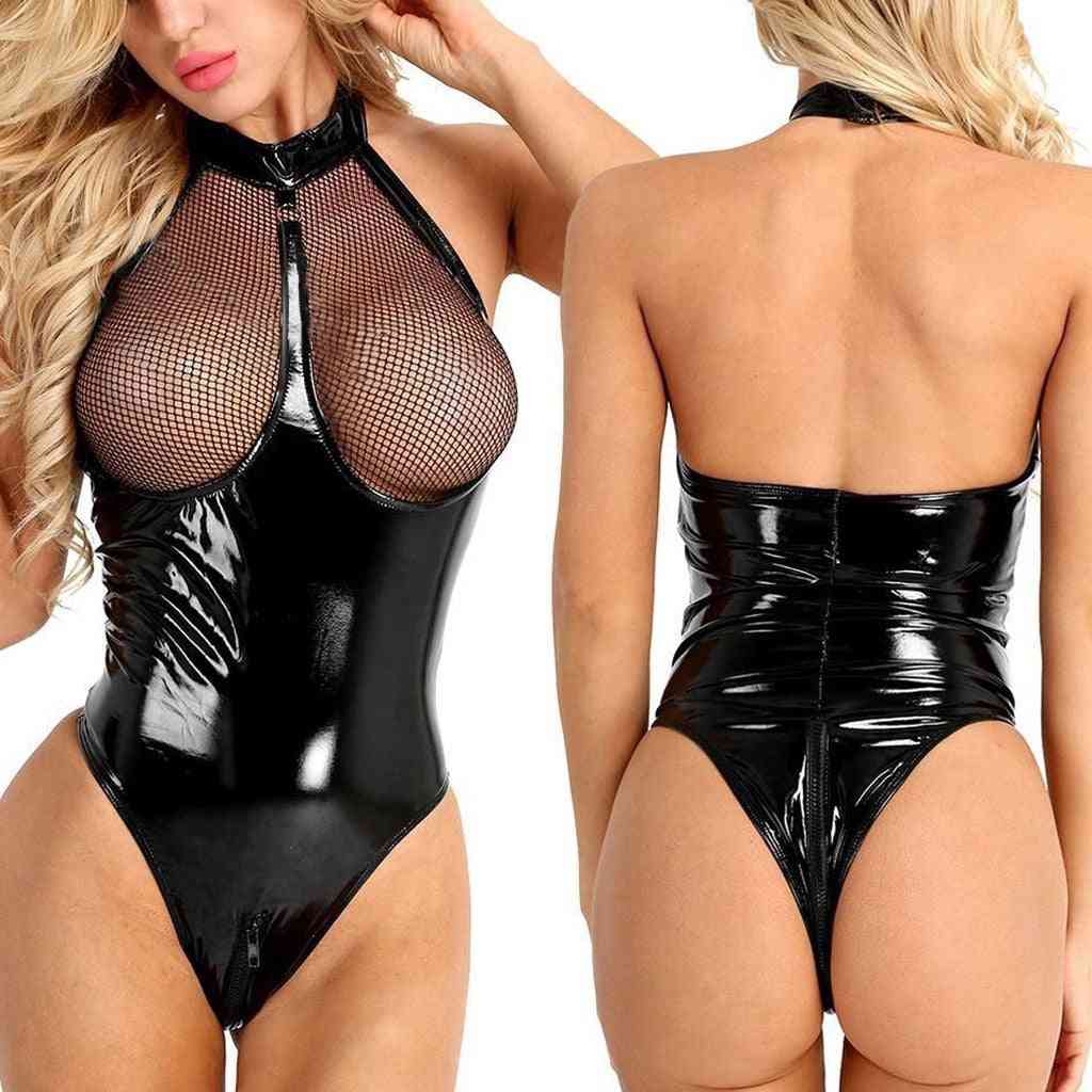 Women's Sexy Underwear Leather Mesh Lingerie Bodysuit Sleepwear
