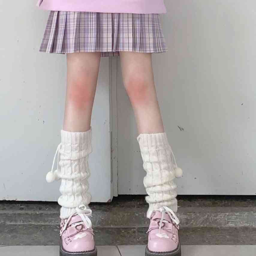 Japanese Sweet Girl Leg Warmers Wool Ball Knitted Foot Cover