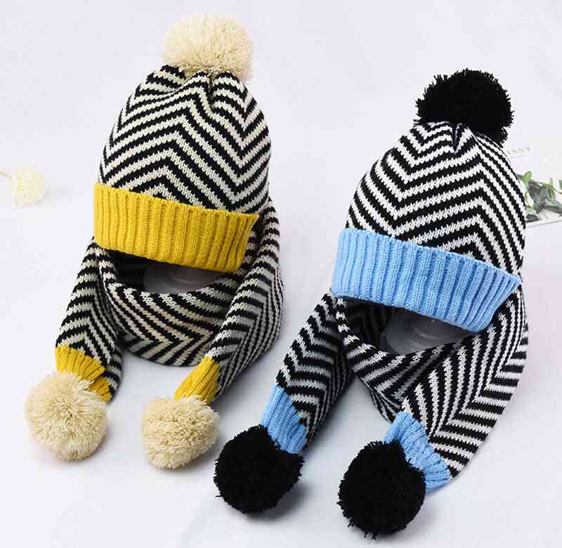 Winter Warm Knit Hat Scarf Child Patchwork Stripe Kid Boy Ear Protection Scarves
