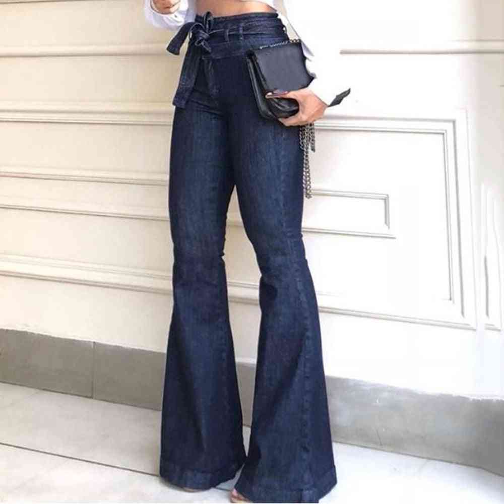 Jeans en denim à jambe large pour femme, taille haute, pantalon long évasé extensible