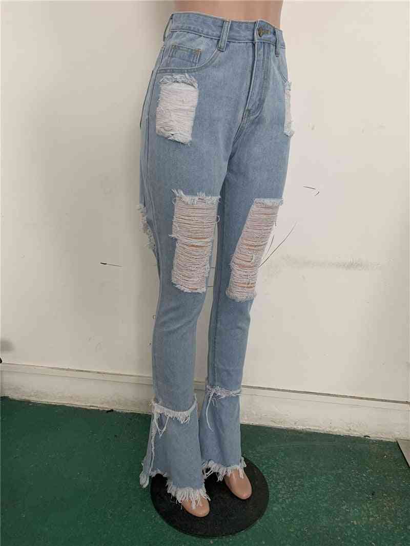 Frynsede klassiske denim ruffede jeans med rippet hul
