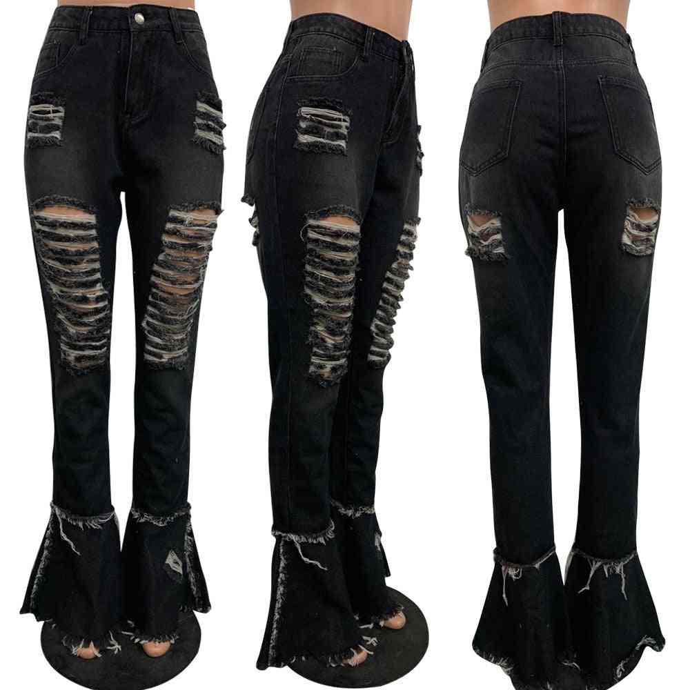 Jeans con agujeros rasgados y volantes de mezclilla clásica con flecos