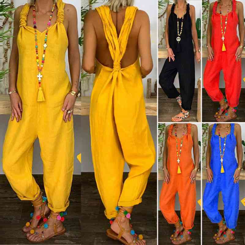 Women's Casual Strappy Dungarees-cotton Linen Loose Jumpsuits