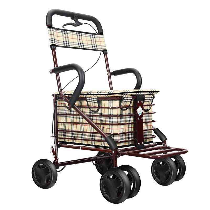 Scooter Folding Shopping Cart With Seat Four-wheeled Grocery Push Trolley Storage Bags