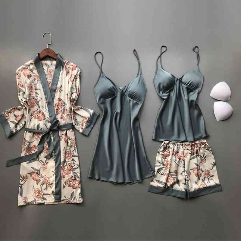 Spring/autumn Women Silk Pajamas Sets With Chest Pads Flower Print