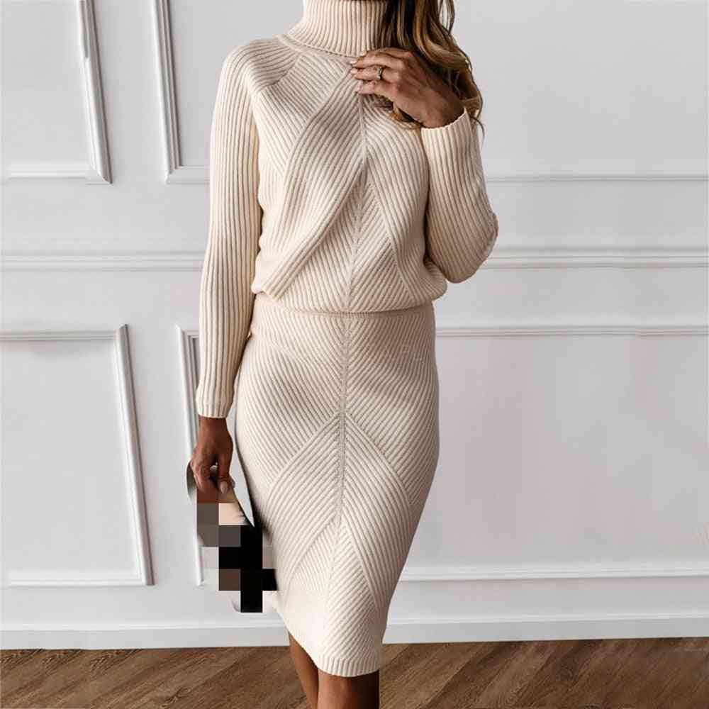 Women's Knitting Turtleneck Sweater Suit + Slim Skirt