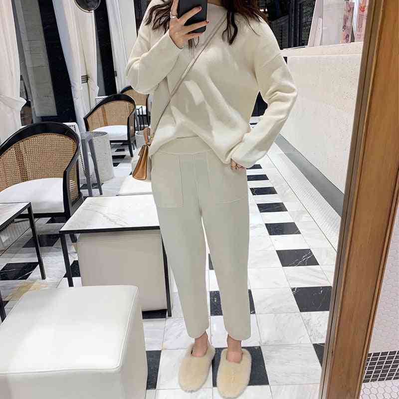 Women Sweater Two Piece Knitted Pant Sets Slim Track Spring Autumn Fashion Sweatshirt